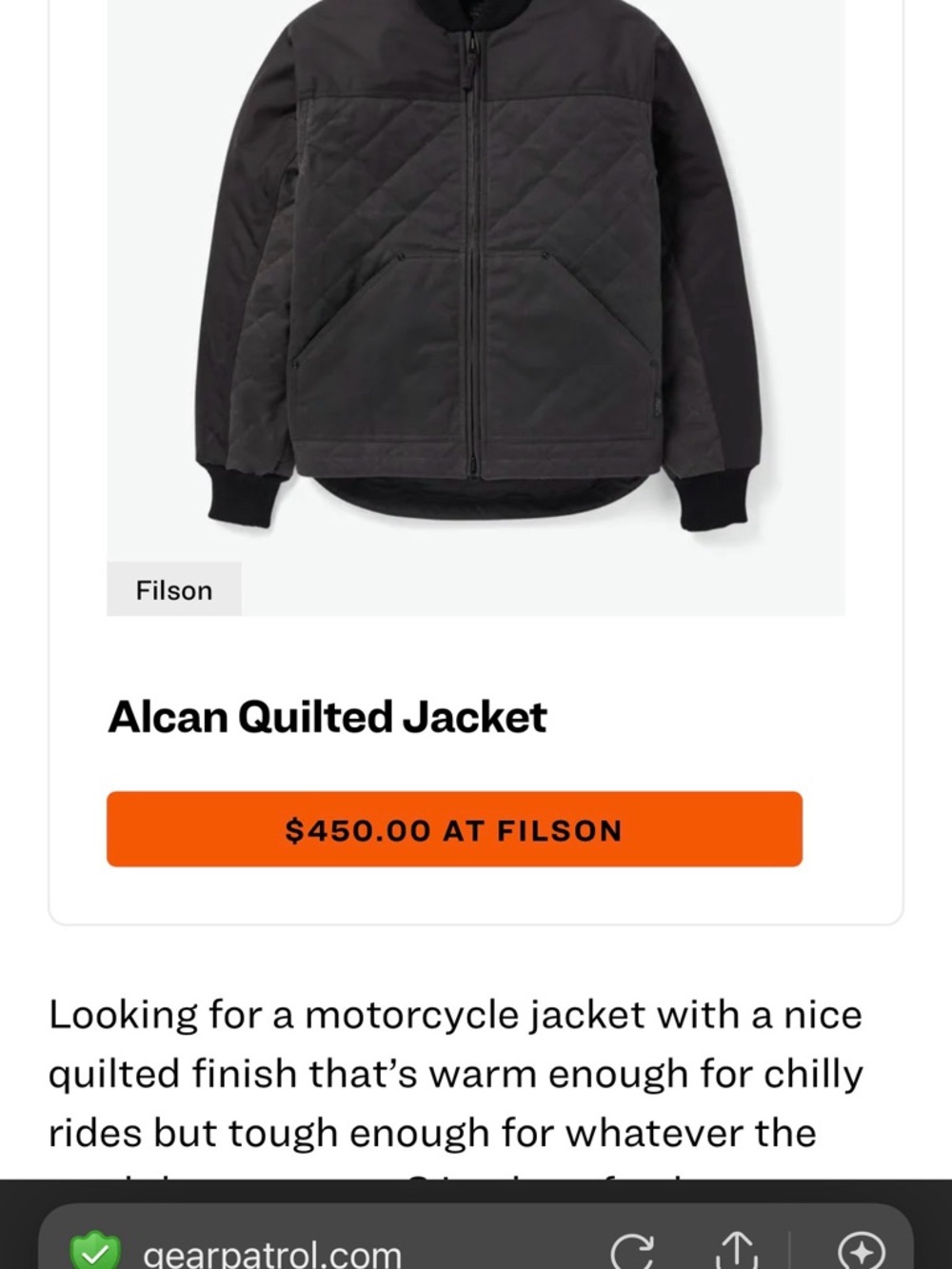 Filson Alcan Quilted Jacket - Charcoal Black